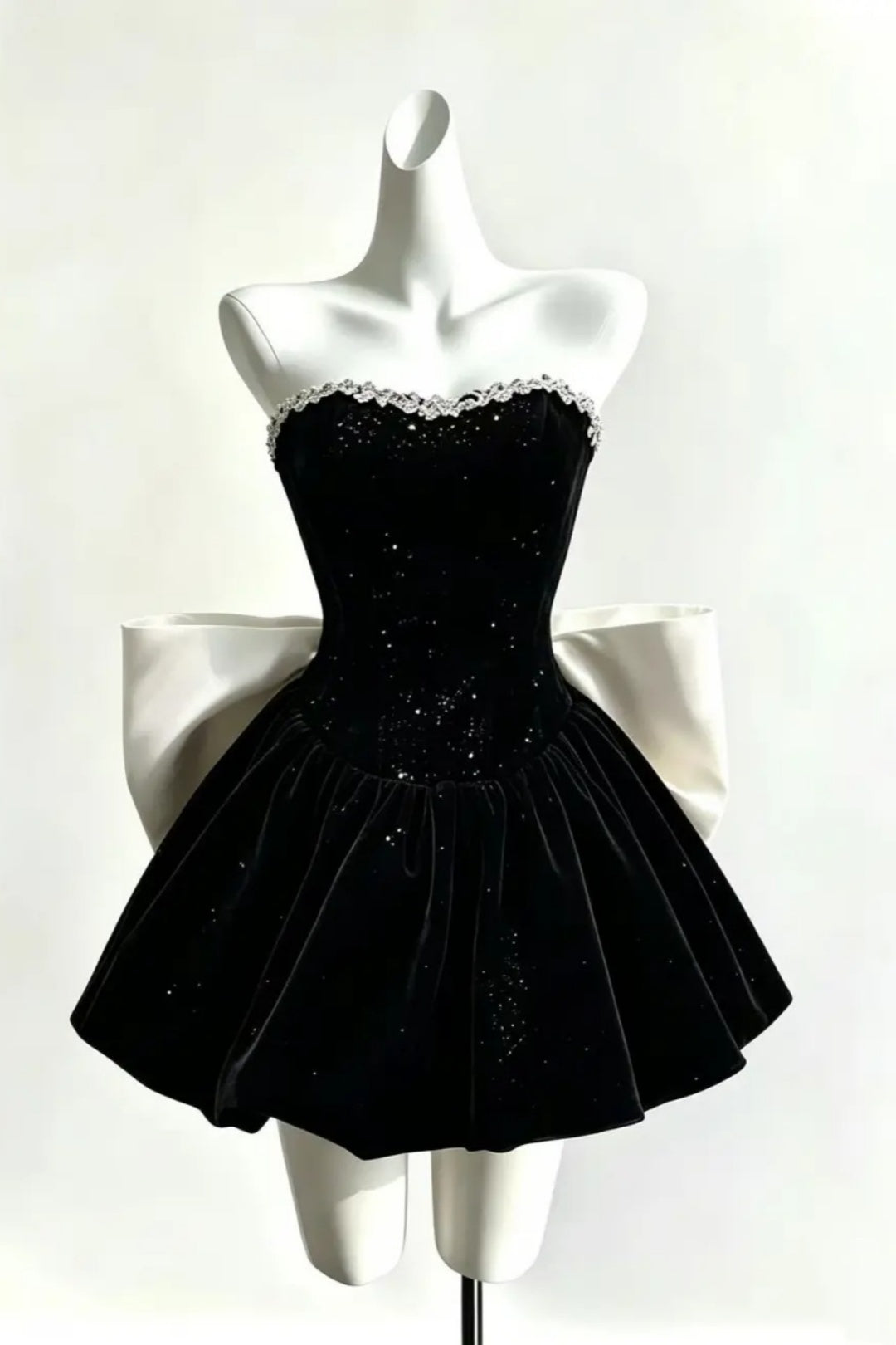 Sparkly Velvet Homecoming Dress, Big Contrast Bow Formal Mini Dress F0053