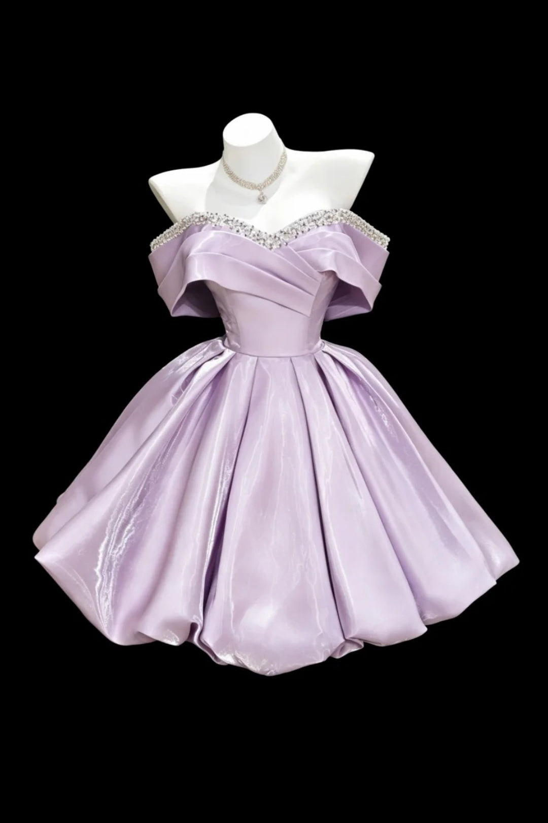 Lavender Off‑Shoulder Rhinestone Homecoming Dress Satin Short Party Gown F0095