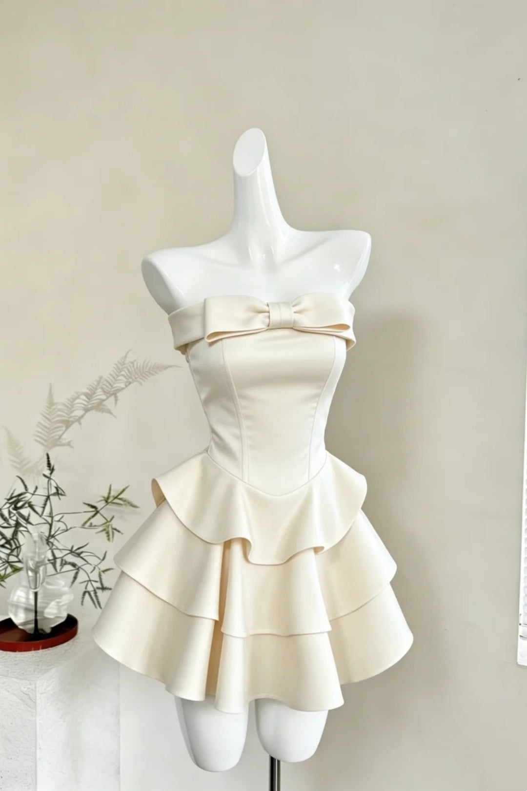 Cream Off Shoulder Mini Dress Big Bow Tiered Ruffle Satin Dress F0237