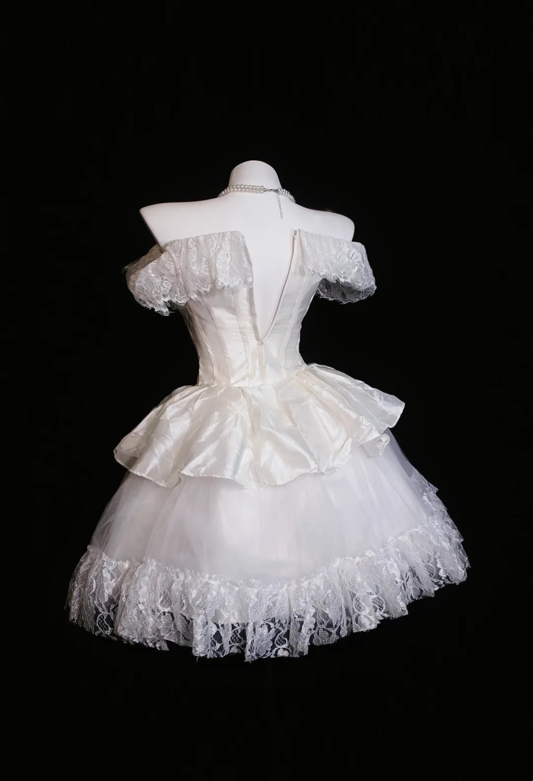 White Off Shoulder Lace Satin Mini Dress Tiered Ruffle Homecoming Dress F0254