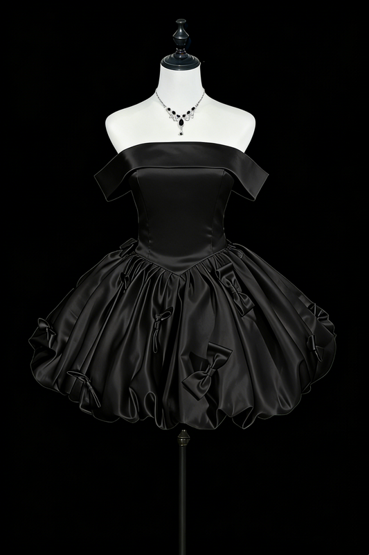 Satin Off-Shoulder Schleifen Bubble-Saum Kurzes Ballkleid, Vintage Prinzessin Minikleid für Geburtstagsparty Floral015