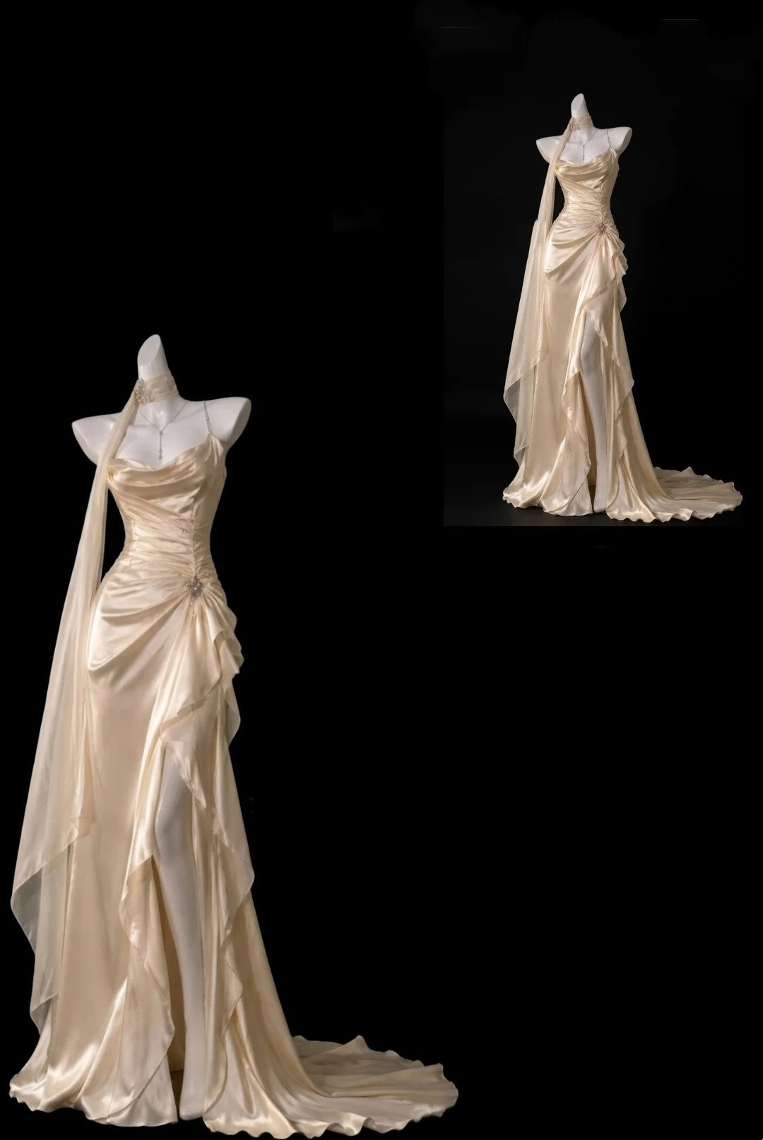 Champagne Satin Slip Mermaid Evening Dress Strapless Formal Gown F0174