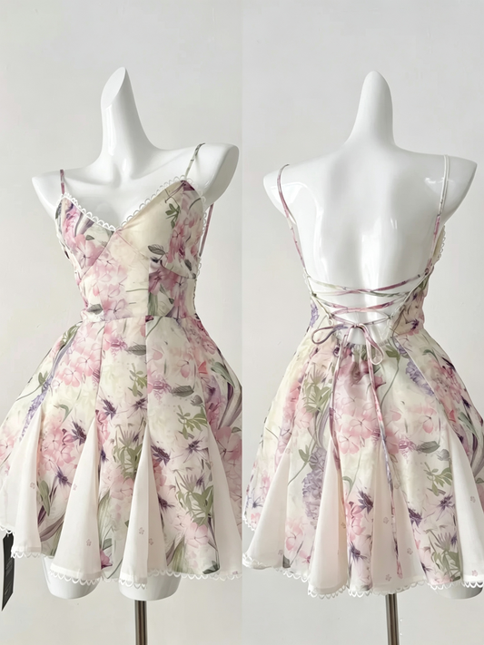 Floral Print Spaghetti Strap Mini Dress Lace Trim Back Lace-Up Cocktail Gown F0207
