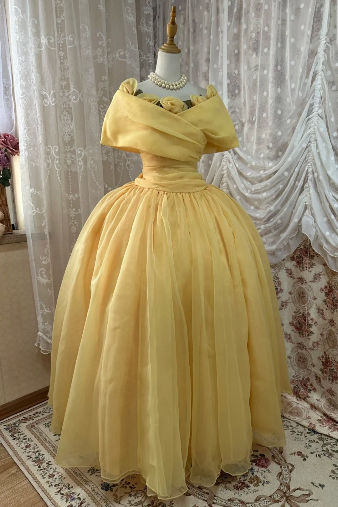 Butter Yellow Off Shoulder Organza Ball Gown Prom Dress F0270