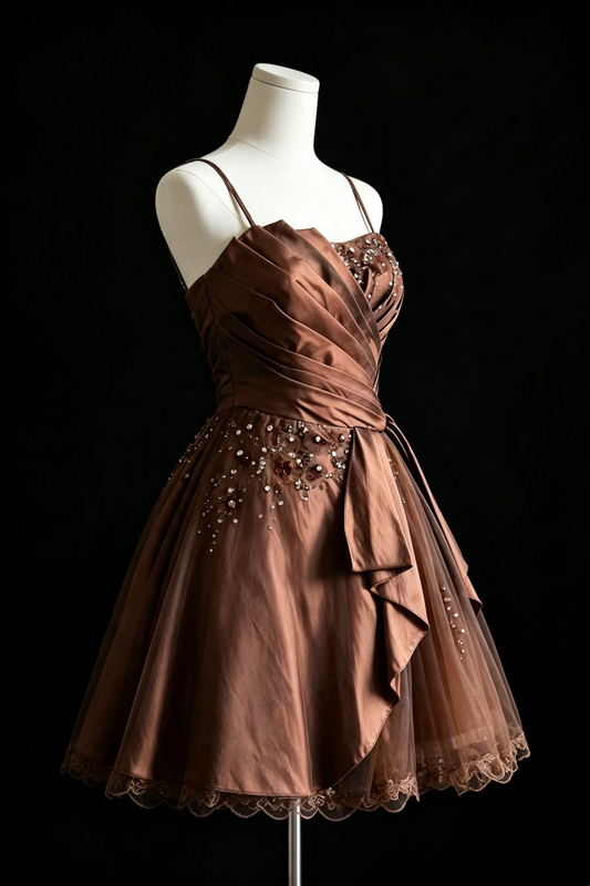 Braunes Satin-Heimkehrkleid mit Spaghettiträgern, bestickter Spitze, kurzes Cocktailkleid mit Schärpe, Schleife F0015