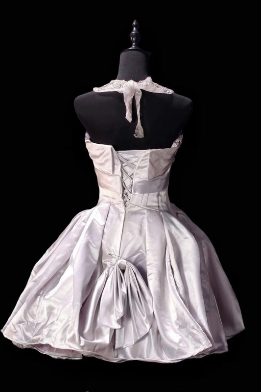 Satin Halter Beaded Mini Ball Gown Homecoming Dress F0204