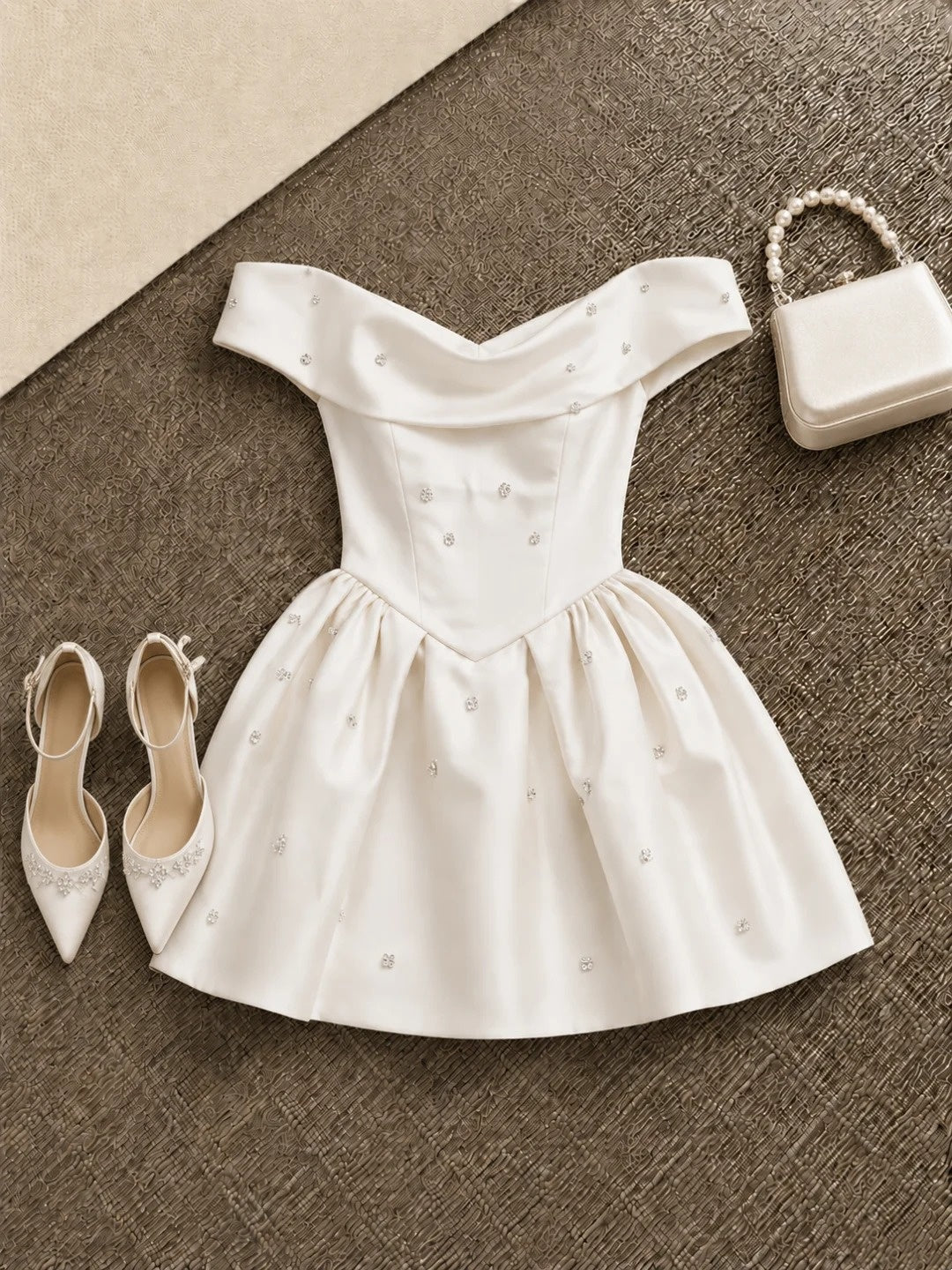 Off‑Shoulder Satin Mini Dress Rhinestone Detail Birthday Party Cocktail Gown F0126