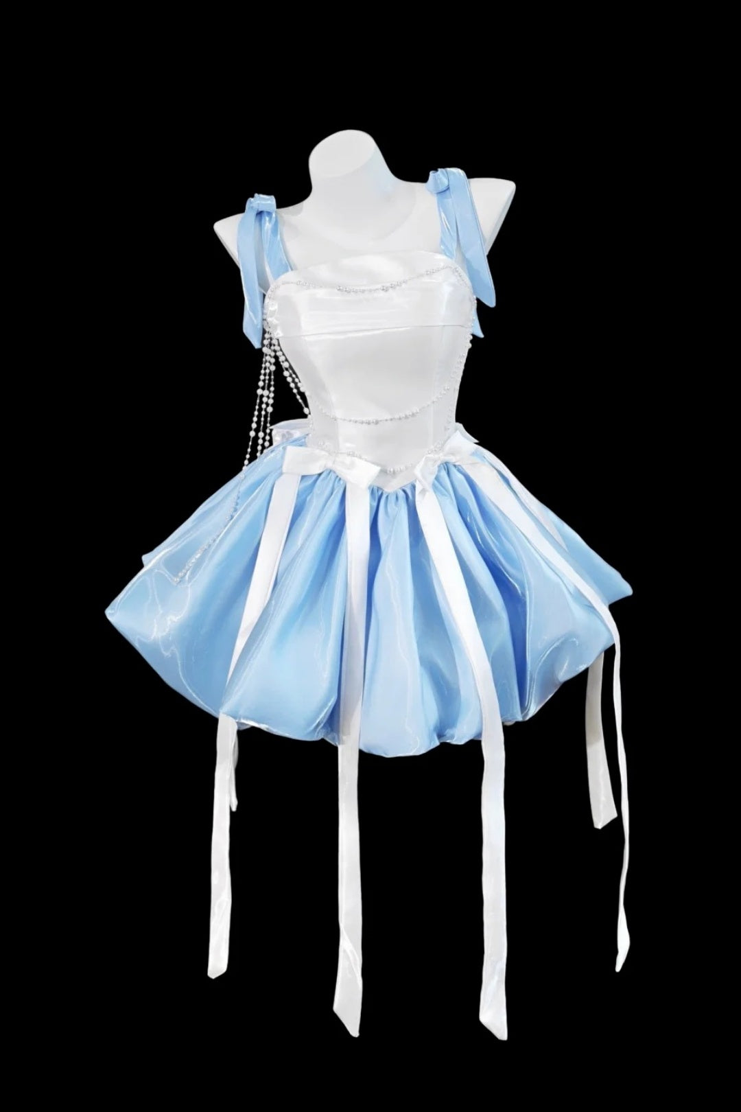 Blue White Bow Pearl Homecoming Dress Strappy Bubble Party Gown F0094