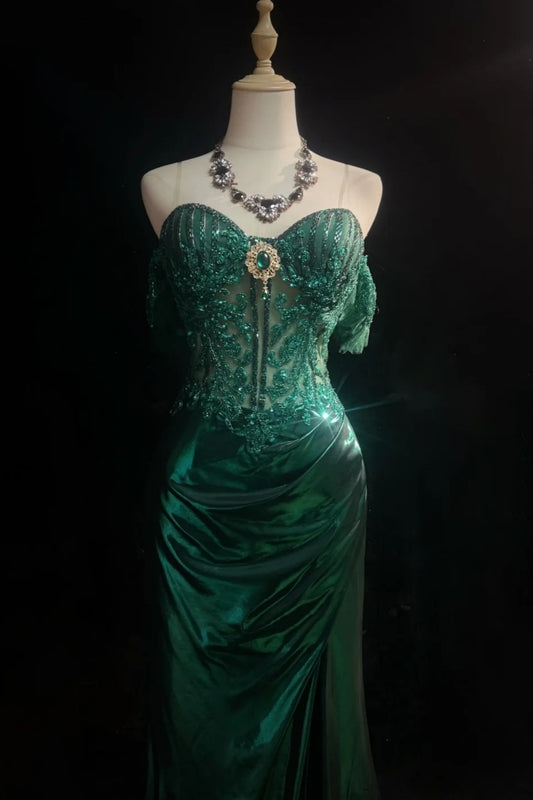 Schulterfreies Korsett Meerjungfrauenkleid mit Perlen aus metallischem Smaragd, Abendkleid F0084