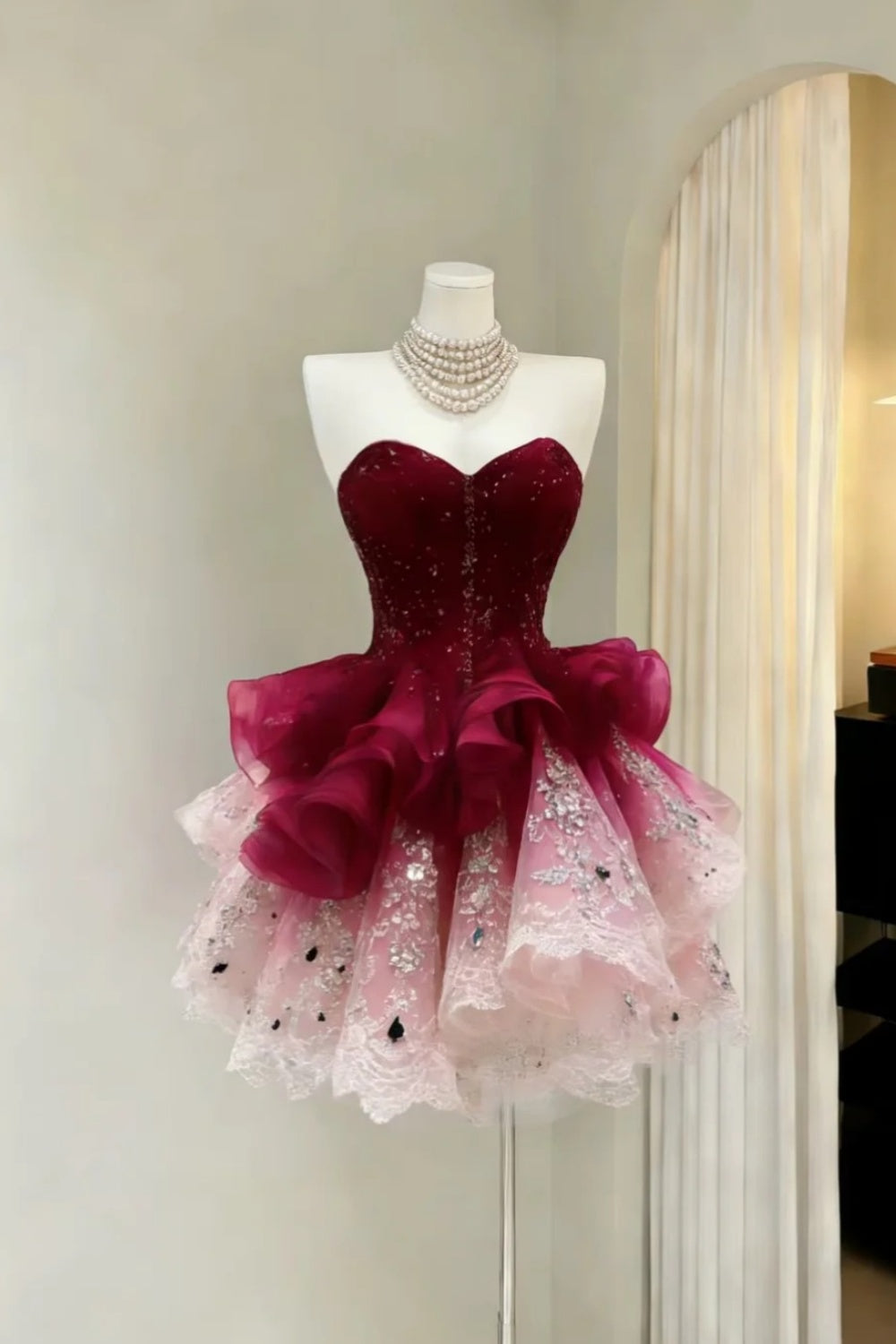 Burgundy Ombre Tulle Mini Dress Sweetheart Sequin Ruffle Homecoming Gown F0140