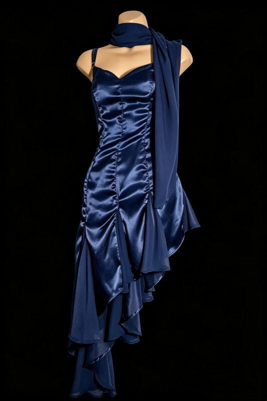 Smaragdgrünes Satin-Spaghettiträgerkleid Asymmetrisches Chiffon-Abendkleid Lang & Midi F0025