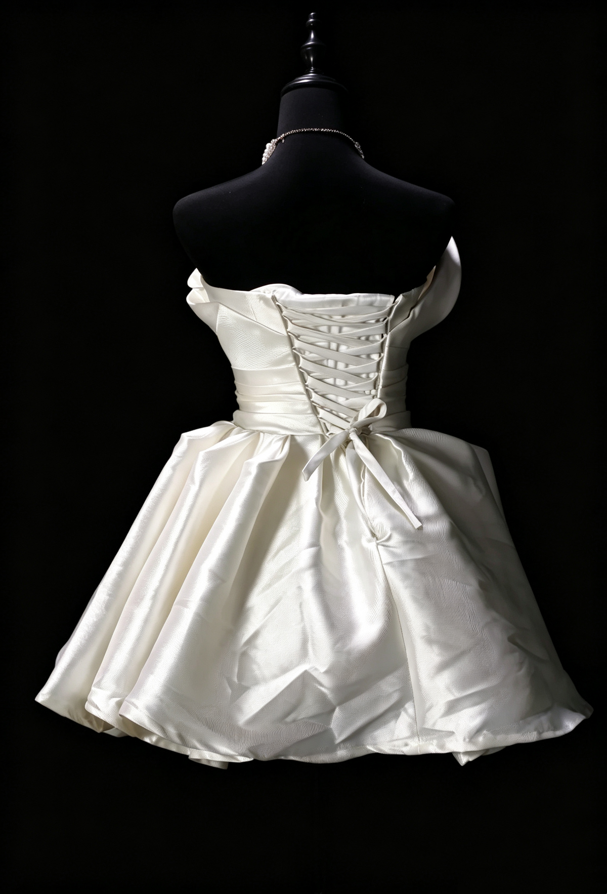 Strapless Ivory Satin Mini Dress Pleated Bodice Corset Lace‑Up Party Gown F0135