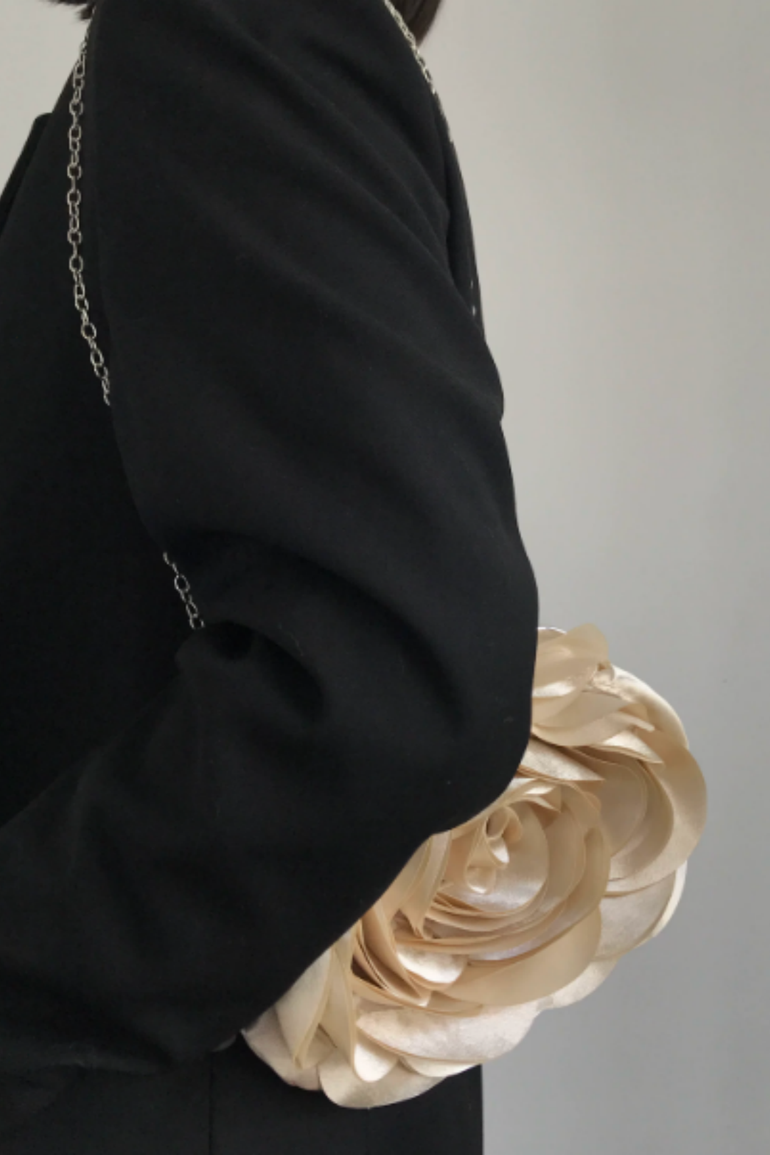 3D Satin Rose Evening Clutch, Chain Strap Floral Party Handbag B008