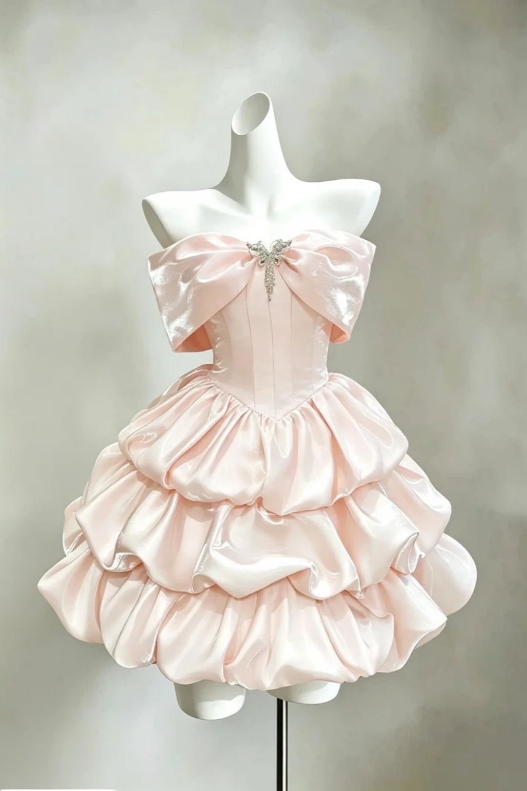 Strapless Pink Satin Mini Dress Bow Crystal Homecoming Prom Party Gown F0108