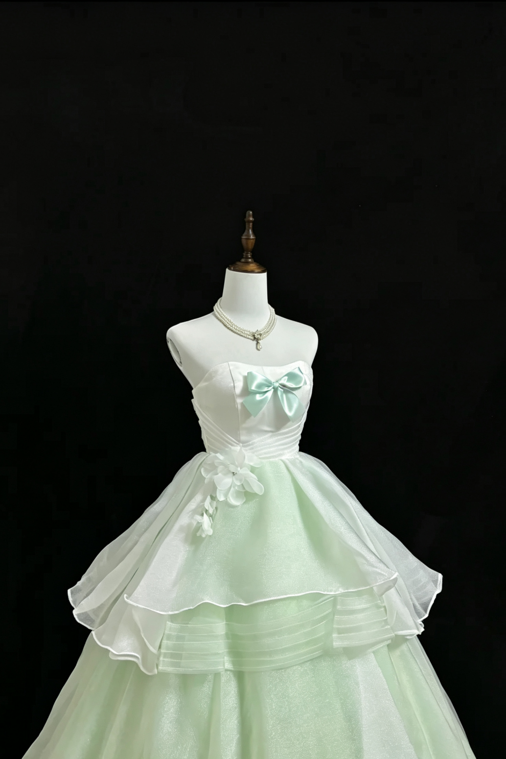 Mintgrünes trägerloses Tüllkleid mit Schleife und Blumenmuster für den Herbst, elegantes Abendkleid F0100