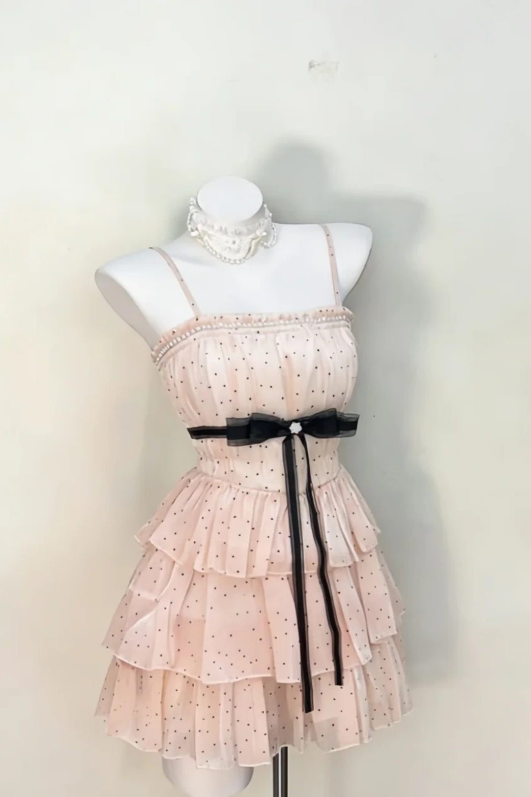 Pink Polka Dot Spaghetti Strap Mini Dress Black Bow Tiered Ruffle Dress F0241