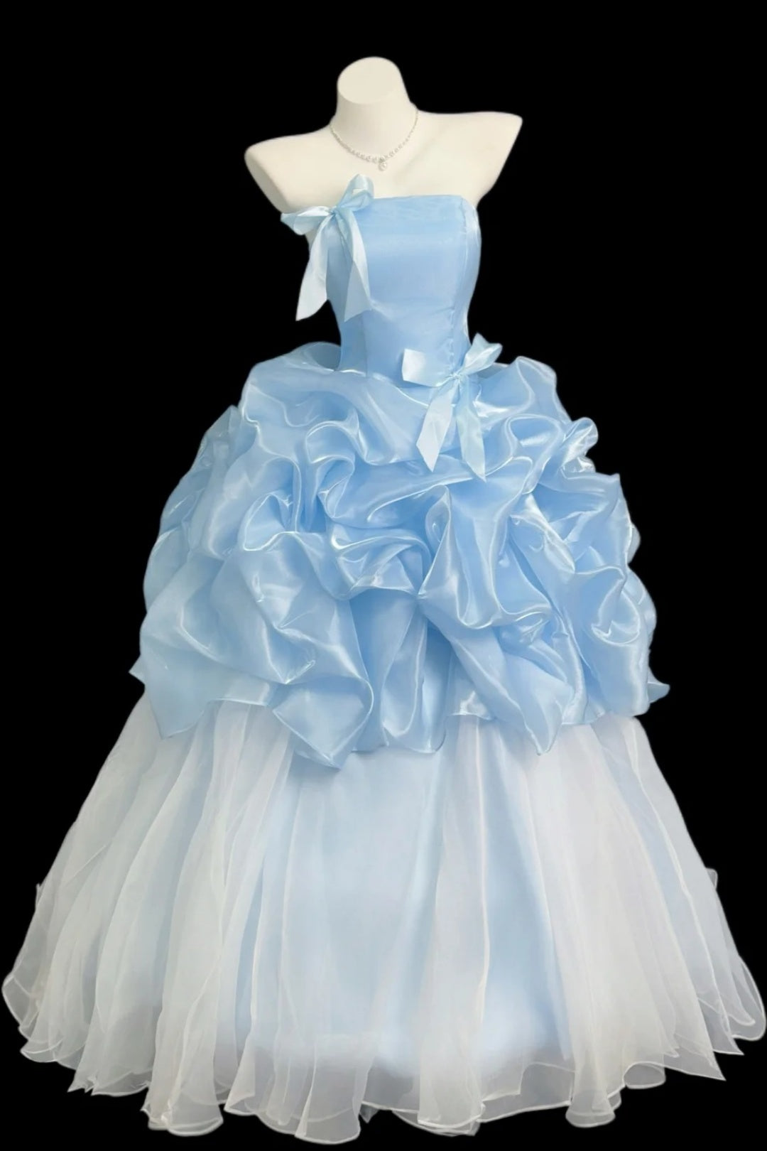 Light Blue Strapless Ruffled Ball Gown Bow Prom Dress F0192