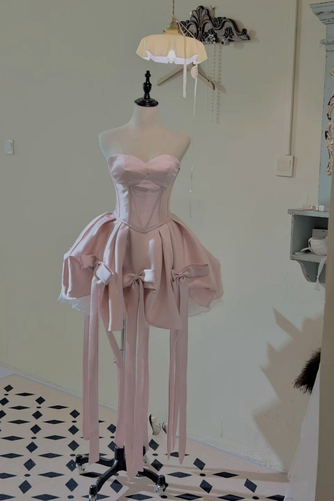 Sweetheart Satin Short Prom Dress, Multi Bow Tassel Homecoming Dress F0054
