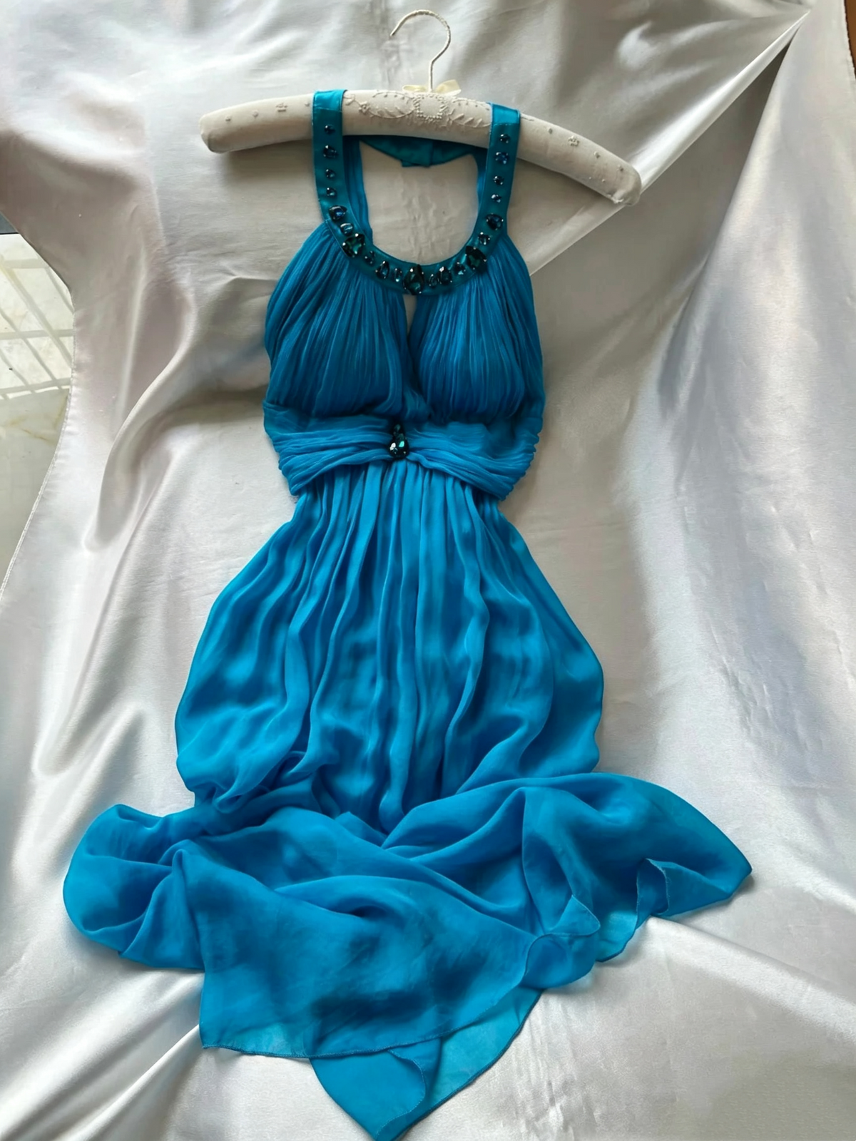 Turquoise Halter Chiffon Cocktail Dress Rhinestone Embellished F0263