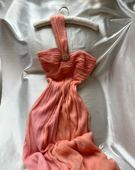 Pink Halter Neck Pleated Chiffon Evening Dress Rhinestone Brooch F0262