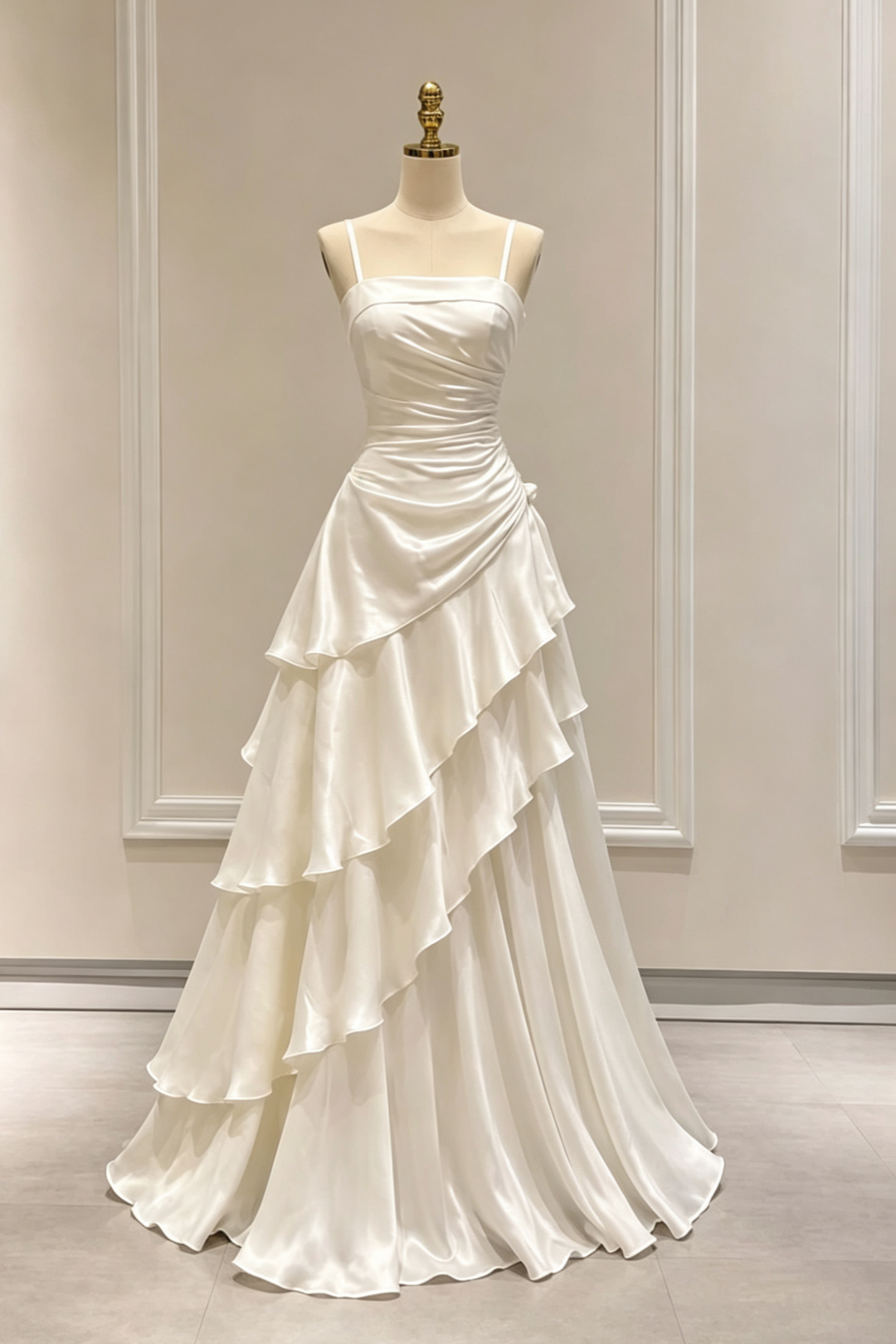 White Satin Spaghetti Strap Dress Ruched Tiered Ruffle Formal Evening Gown F0154