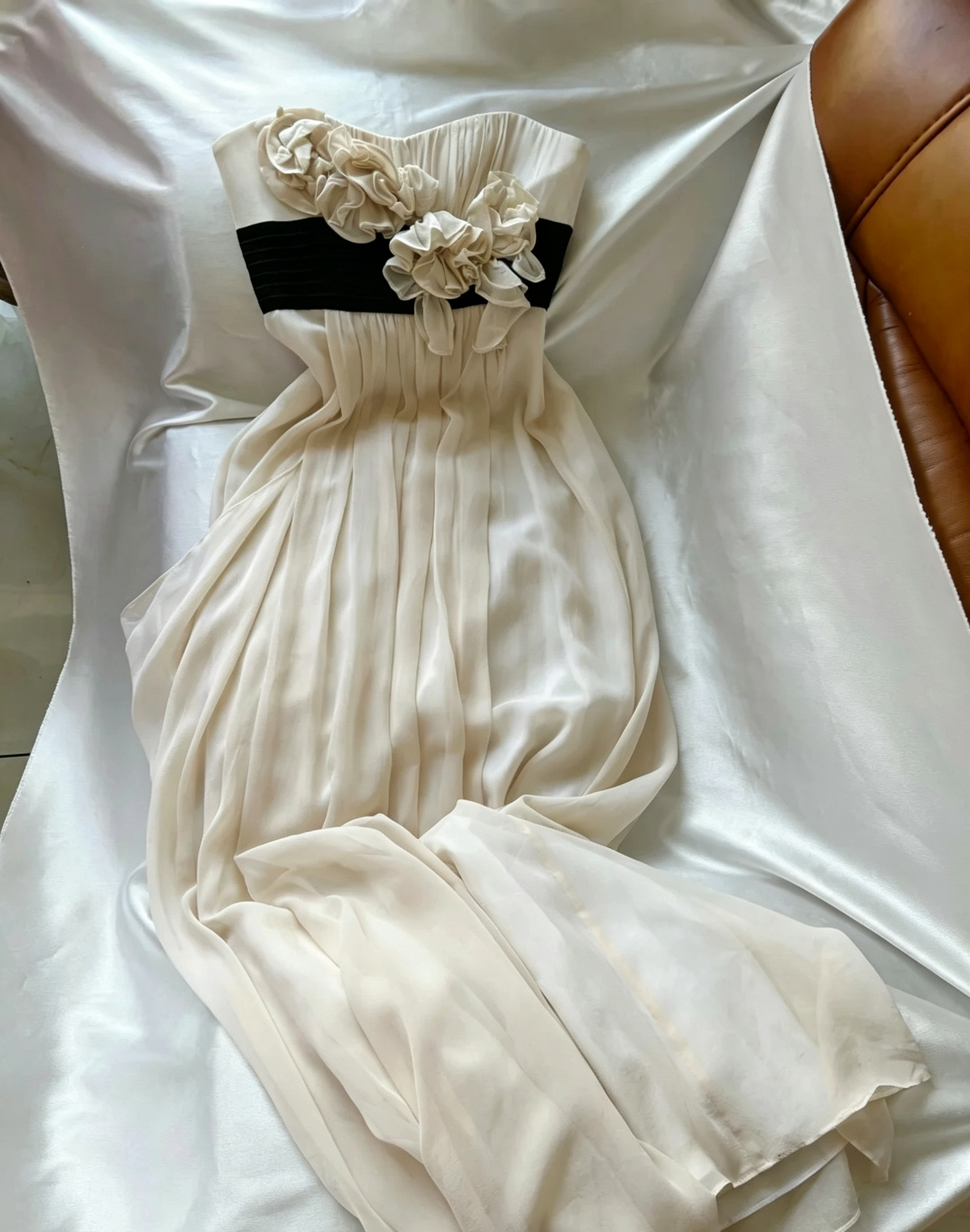 Ivory Strapless Chiffon Long Dress 3D Flower Black Waistband F0264