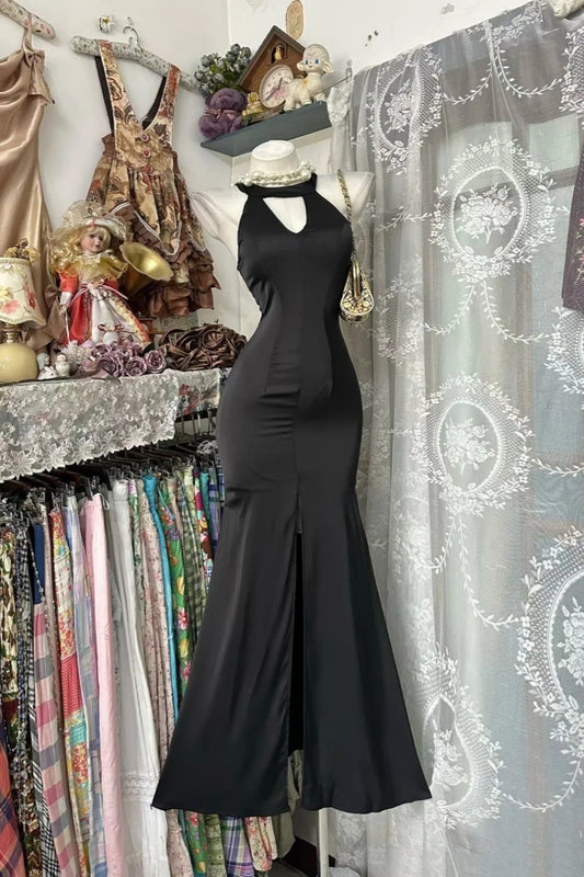 Black Halter Neck Keyhole Split Mermaid Long Evening Dress F0518