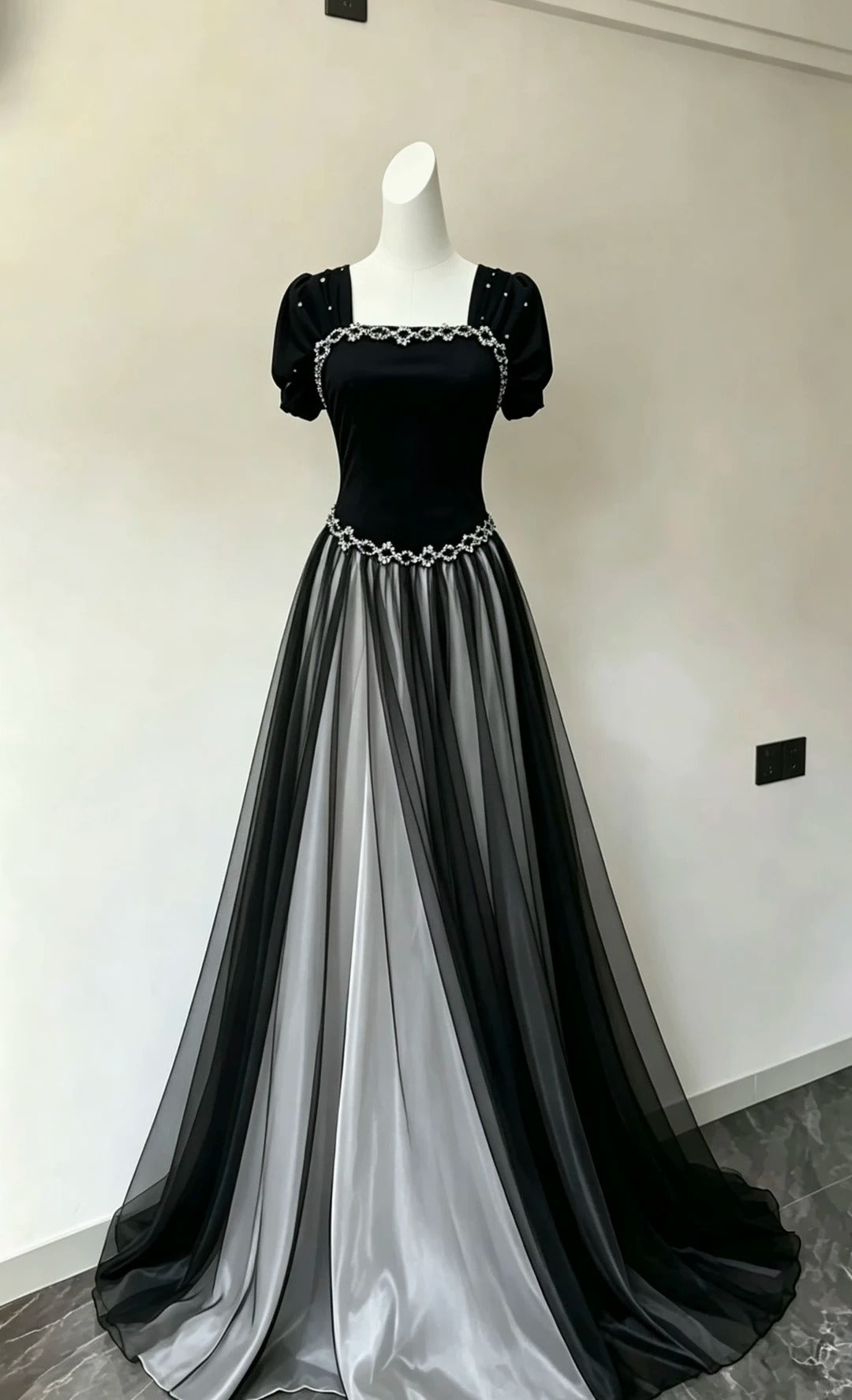 Black Square Neck Puff Sleeve Tulle A Line Long Evening Dress F0513