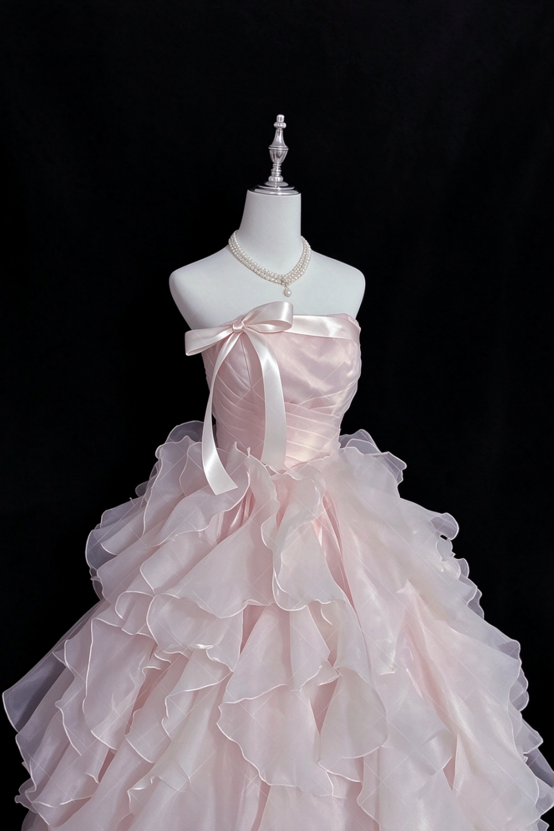 Blush Pink Strapless Organza Ball Gown With Satin Bow F0387