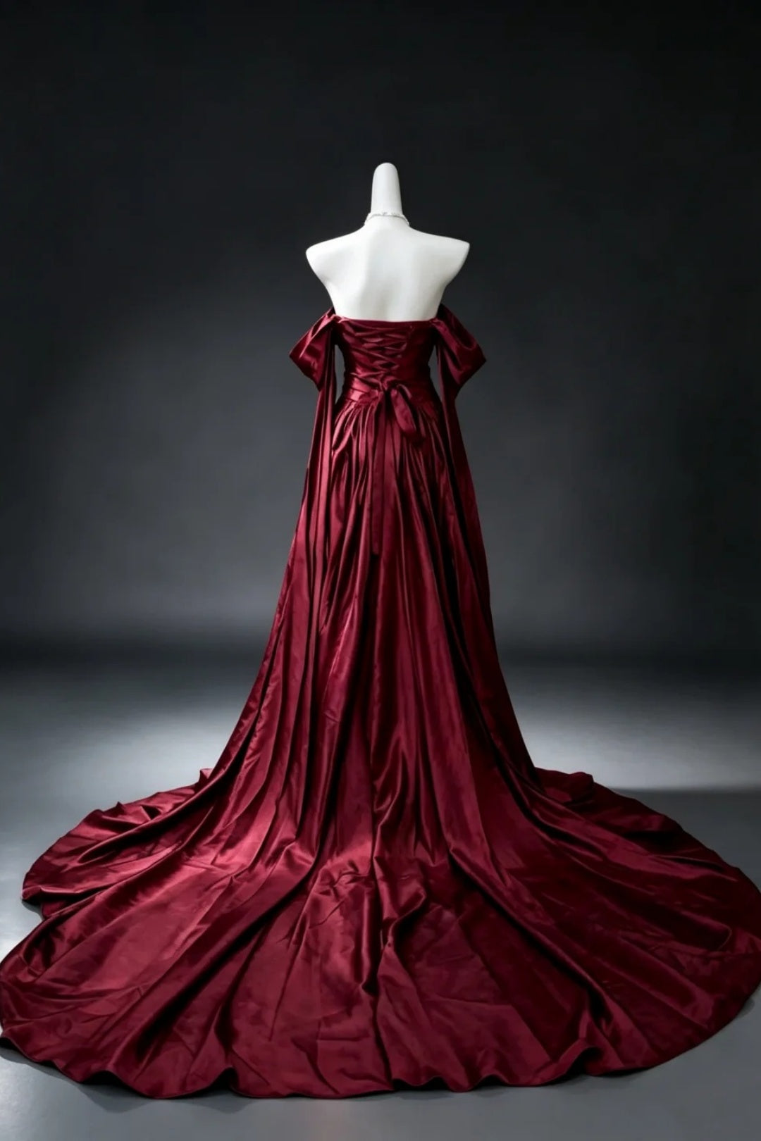 Burgundy Off Shoulder Satin Evening Dress F0332