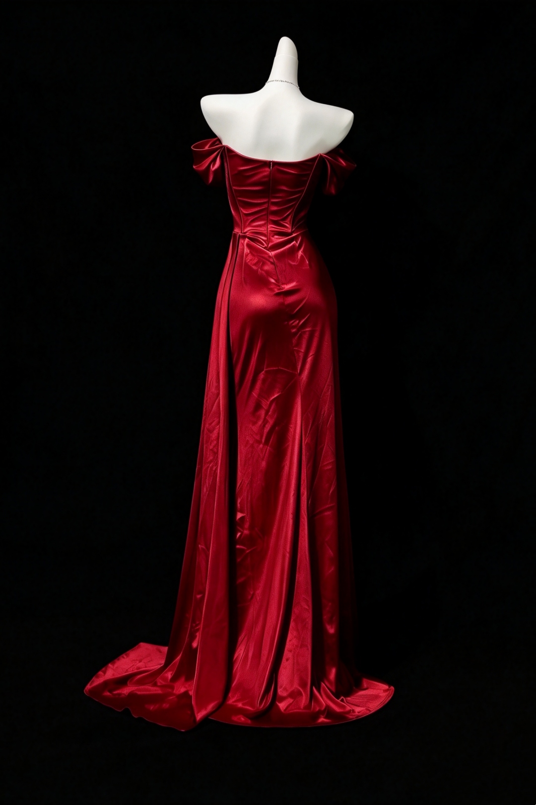 Burgundy Satin Off Shoulder Corset Dress High Slit Formal Gown F0369