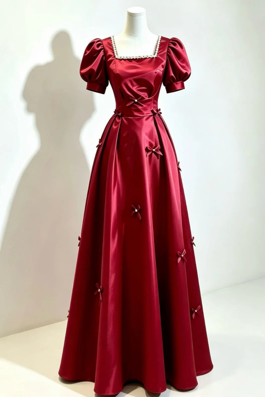 Burgundy Satin Square Neck Puff Sleeve A Line Long Evening Dress F0514