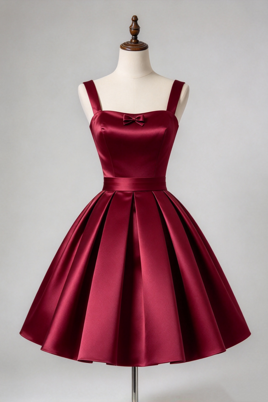 Original Design Burgundy Square Strap Satin A-line Mini Homecoming Dress F0342