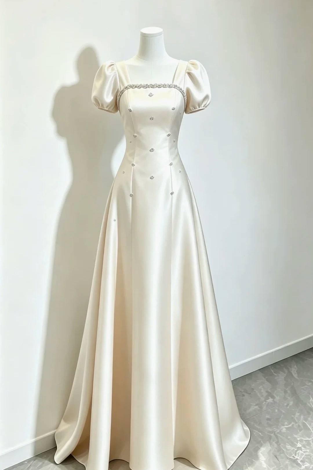 Champagne Satin Square Neck Puff Sleeve A Line Long Evening Dress F0511