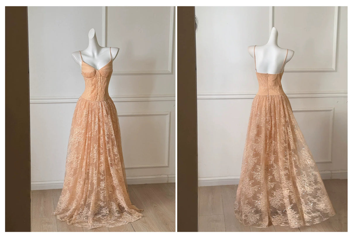 Champagne Spaghetti Strap Lace A Line Prom Dress F0468