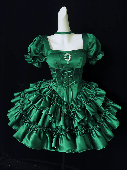 Emerald Green Satin Puff Sleeve Corset Mini Homecoming Dress F0328