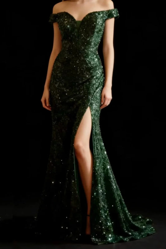 Emerald Green Sequin Mermaid Dress Off Shoulder Slit Prom Gown F0368