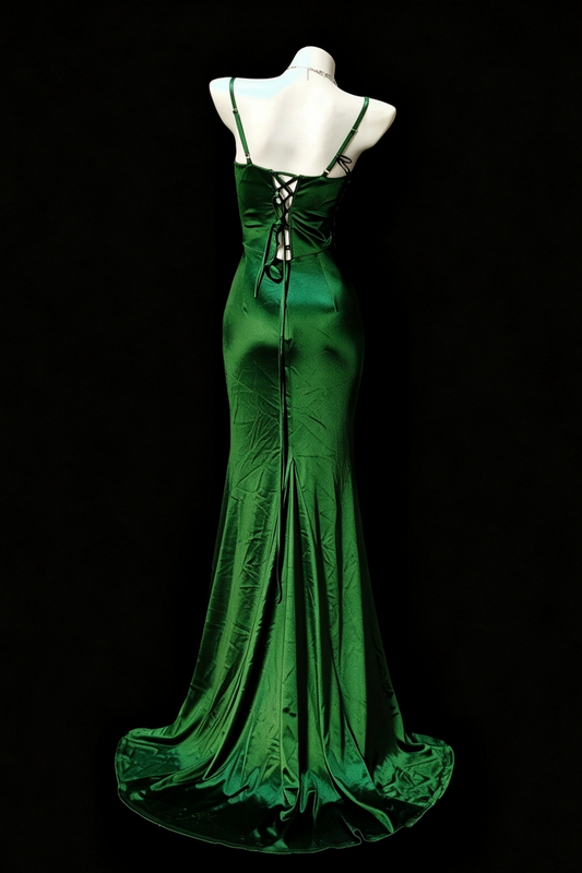 Emerald Satin Mermaid Prom Dress With Beading & Slit F0386