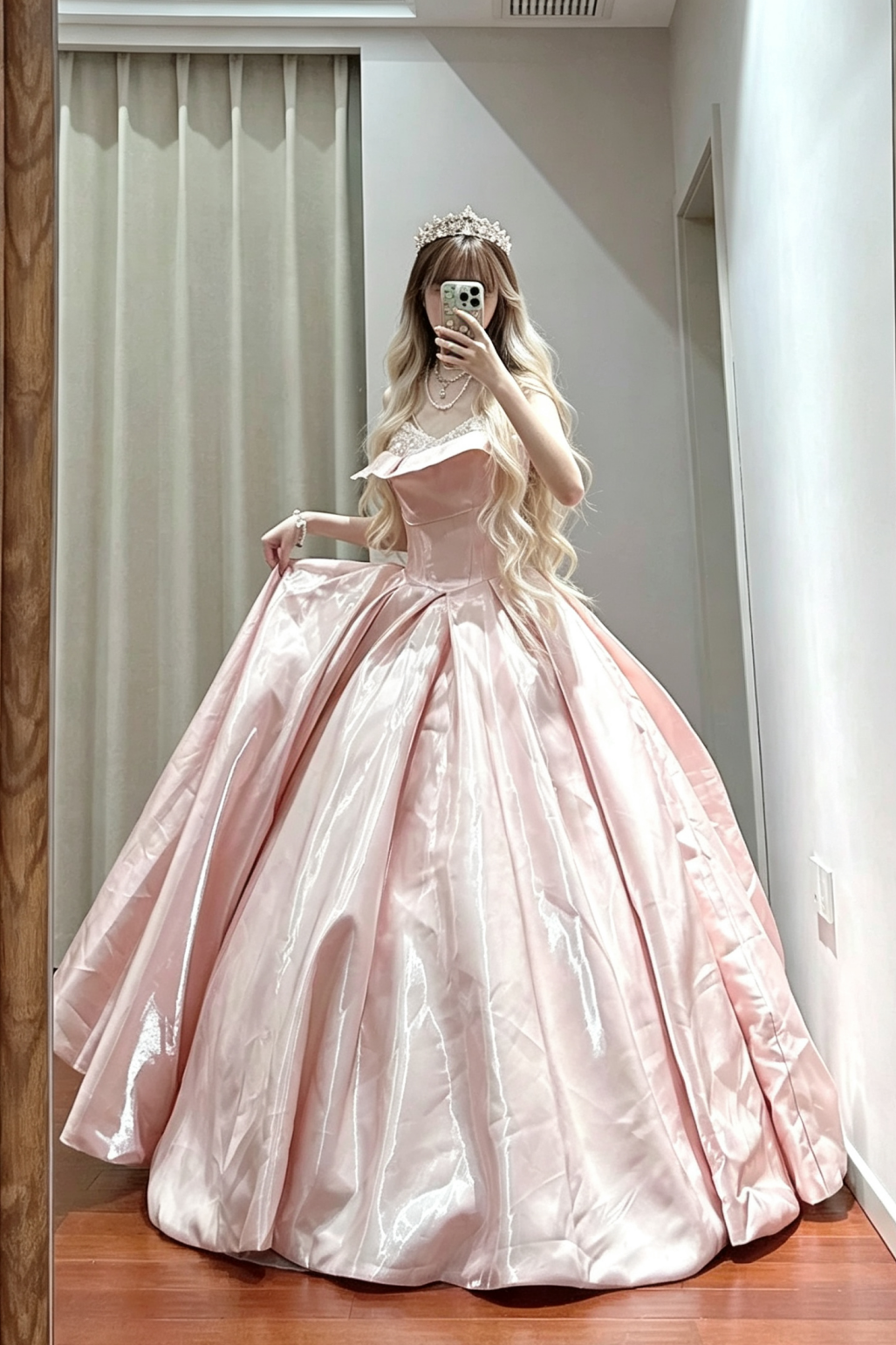 Ball Gown Blush Satin Formal Evening Dress, Adjustable Fold Neck Beaded Prom Gown F028