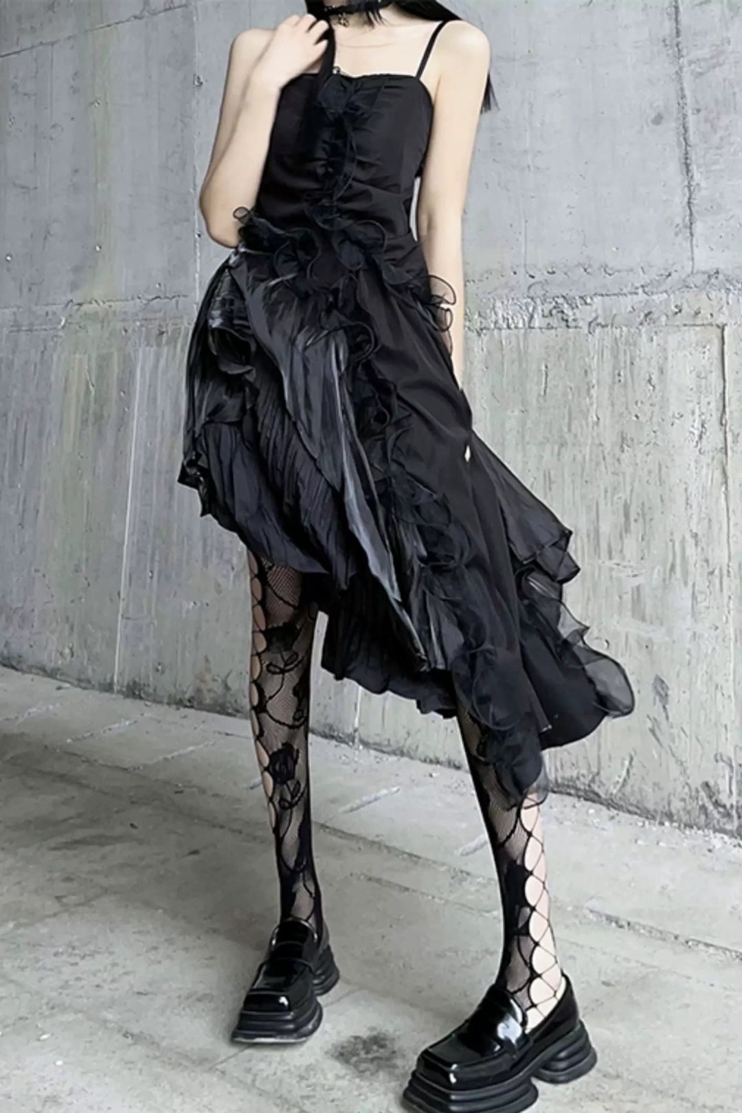 Gothic Spaghetti Strap Asymmetrical Ruffle Party Dress F0500