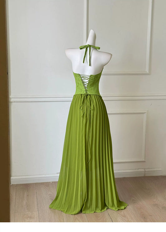 Green Halter Lace Bodice Pleated Chiffon Long Prom Dress F0464