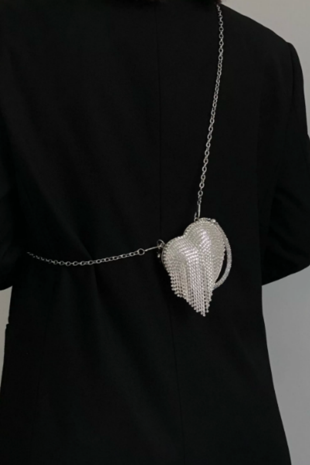 Heart Rhinestone Tassel Evening Clutch, Detachable Chain Crossbody Bag B004