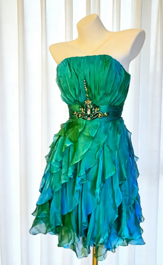 Grün-Blau Ombre Chiffon Homecoming Kleid Perlen Rüschen Kurzes Partykleid F0022