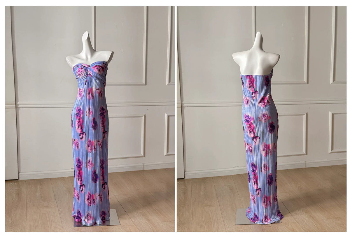 Lavender Floral Print Strapless Twist Pleated Vacation Beach Maxi Dress F0489