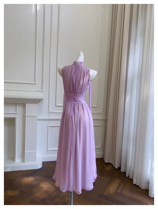 Lavender Halter Chiffon Maxi Dress Sleeveless Flowy Bridesmaid Gown F0434