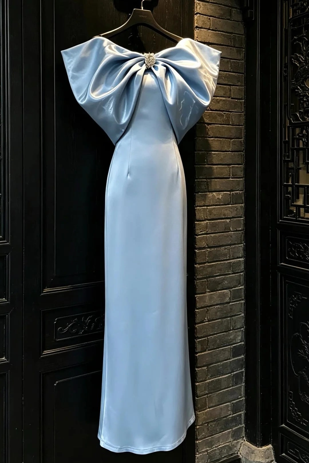 Light Blue Satin Off Shoulder Big Bow Mermaid Long Evening Dress F0516