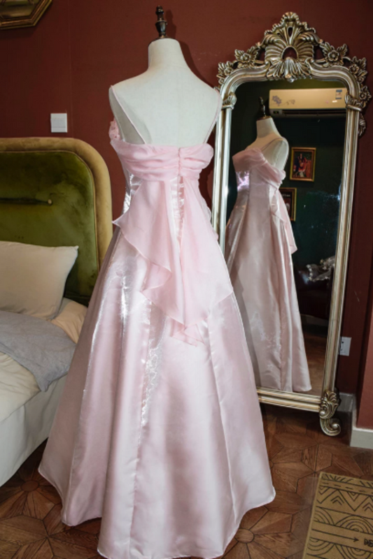 Light Pink Vintage Spaghetti-Strap Gown In Lustrous Satin L023