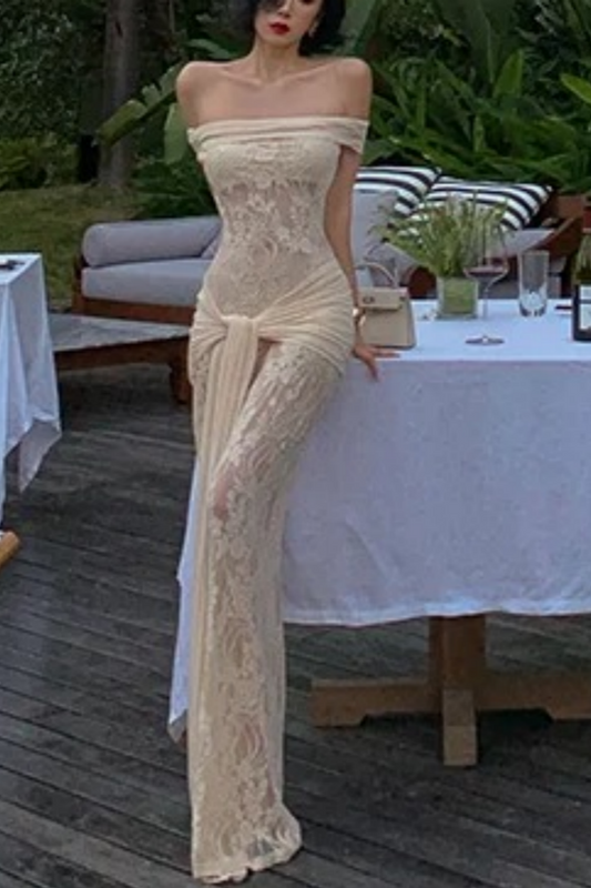 Exklusiv für Festliche Dinner: Champagnerfarbenes schulterfreies Meerjungfrauenkleid aus transparenter Spitze FD07