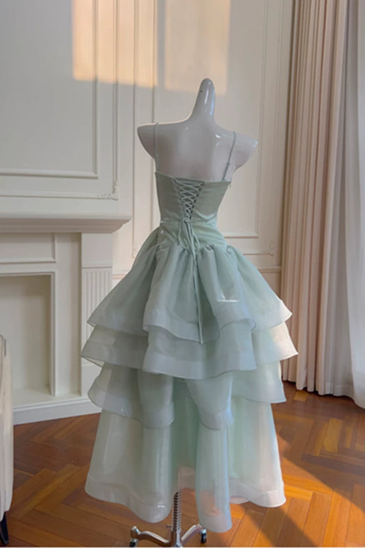 Mint Green Spaghetti Strap Tiered Long Prom Dress Lace Up Back Formal Gown F0429