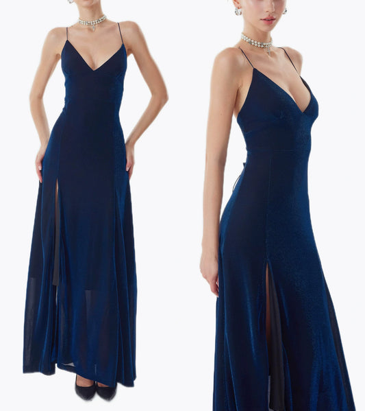 Navy Blue Glitter Spaghetti Strap Slit Maxi Prom Dress F0506